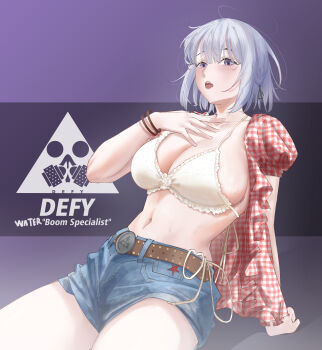 1girl absurdres alternate_costume arm_behind_back arm_support belt bikini bikini_top_only blue_shorts blush bra bracelet breasts brown_belt cleavage collarbone cosplay defy_(girls&#039;_frontline) denim denim_shorts elloinoire english_text feet_out_of_frame gingham_shirt girls&#039;_frontline grey_hair hand_on_own_chest highres jewelry kwon_eun-bi kwon_eun-bi_(cosplay) large_breasts leaning_back looking_at_viewer medium_hair navel open_clothes open_mouth open_shirt purple_background purple_eyes real_life red_shirt rpk-16_(girls&#039;_frontline) shirt short_sleeves shorts simple_background sitting solo swimsuit underwear white_bra