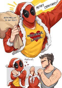 2boys anger_vein arm_hair bara beard blush brown_hair christmas clothes_writing commentary deadpool deadpool_&amp;_wolverine deadpool_(series) dreaming_oor dress english_commentary english_text facial_hair fur-trimmed_dress fur-trimmed_jacket fur_trim gift gloves hat heart heart_print highres holding holding_sack holding_unworn_clothes holding_unworn_dress interlocked_fingers jacket long_sleeves male_focus marvel marvel mask merry_christmas multiple_boys muscular muscular_male own_hands_together pants pectorals red_dress red_jacket red_mask red_pants sack santa_costume santa_hat scar scars_all_over shirt sparkle tank_top too_many translation_request unworn_dress wolverine_(x-men) x-men yaoi yellow_shirt
