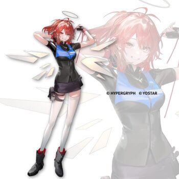1girl arknights arm_behind_head black_boots black_gloves black_skirt boots copyright_notice detached_wings energy_wings exusiai_(arknights) exusiai_the_new_covenant_(arknights) fingerless_gloves full_body gloves halo hand_up medium_hair nishikikope parted_lips short_sleeves simple_background skirt smile solo standing thighhighs white_background white_thighhighs wings zoom_layer