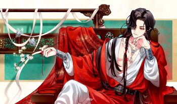 1boy absurdres arched_back architecture artist_name bandages beads belt belt_buckle black_belt black_hair black_nails bracelet braid branch buckle bud bug butterfly butterfly_earrings butterfly_necklace camellia_print chair cherry_blossoms chinese_clothes collarbone crossed_legs curtained_hair ear_chain ear_piercing earrings east_asian_architecture elbow_rest eyelashes eyeshadow facing_viewer feet_out_of_frame fingernails floral_print floral_print_hanfu flower glowing glowing_butterfly glowing_flower gradient_background green_background grey_eyes hair_beads hair_ornament hair_over_one_eye hair_over_shoulder hair_ribbon half-closed_eyes hand_up hanfu head_on_hand head_rest head_tilt highres holding holding_branch hua_cheng insect jewelry light_particles light_smile linked_piercing long_eyelashes long_fingernails long_hair long_sleeves looking_at_flowers looking_to_the_side makeup male_focus multiple_belts multiple_bracelets multiple_necklaces necklace open_clothes open_robe outstretched_hand pants parted_bangs parted_lips pectoral_cleavage pectorals piercing puffy_long_sleeves puffy_sleeves red_background red_eyeshadow red_hanfu red_ribbon ribbon robe shadow sharp_fingernails side_braid silk silver_bracelet silver_earrings silver_necklace simple_background single_braid single_earring sitting sitting_on_throne smirk square straight_hair string string_around_finger string_of_fate swept_bangs throne tianguan_cifu tsurime very_long_hair watomato1000 white_background white_butterfly white_flower white_hanfu white_pants wooden_chair yellow_background