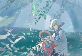 1boy absurdres artist_name bird black_pants bob_cut cloak cowboy_shot daleth_(sky:_children_of_the_light) day disintegration earrings feather_earrings feathers grass hat highres holding holding_instrument instrument jewelry light_smile looking_at_viewer lyre male_focus outdoors pants red_cloak short_hair sky:_children_of_the_light solo tree two-sided_cloak two-sided_fabric white_cloak white_hair yellow_eyes zongsi600