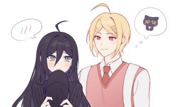 1boy 1girl ahoge akamatsu_kaede black_hair black_hat black_jacket blonde_hair cat collared_shirt danganronpa_(series) danganronpa_v3:_killing_harmony fortissimo genderswap genderswap_(ftm) genderswap_(mtf) green_eyes hair_ornament hat jacket keke_r18 long_hair looking_at_another musical_note musical_note_hair_ornament necktie pink_eyes pink_vest red_necktie saihara_shuichi shirt short_hair speech_bubble spoken_blush striped_clothes striped_jacket thought_bubble vest white_shirt