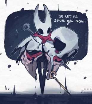 Rule 34 | 1girl, 2girls, arthropod girl, artist name, black eyes, black skin, bodysuit, broken mask, bug, carrying, carrying person, cloak, colored skin, commentary, english commentary, english text, faceless, firefly, full body, hat, highres, hollow eyes, hollow knight, hollow knight: silksong, horned mask, hornet (hollow knight), horns, insect, lace (hollow knight), looking at another, looking down, mask, momoiiroo, multiple girls, needle (hollow knight), pin (hollow knight), red cloak, spoilers, standing, weapon, weapon on back, white hat, white mask