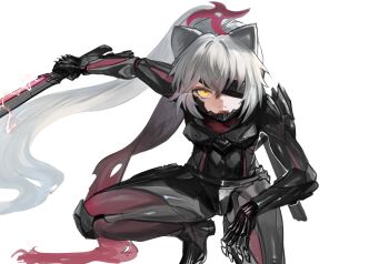 Rule 34 | 1girl, alternate costume, alternate hairstyle, animal ears, blue archive, commentary request, cosplay, dokomon, halo, highres, holding, holding weapon, korean commentary, long hair, metal gear (series), metal gear rising: revengeance, michiru (blue archive), raiden (metal gear), raiden (metal gear) (cosplay), simple background, solo, sword, weapon, white background, yellow eyes