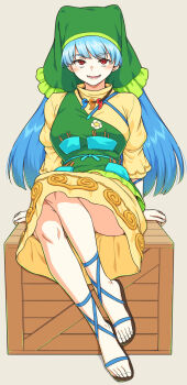1girl apron blue_hair box breasts dress feet flower frilled_apron frills full_body green_apron green_headscarf green_headwear green_hood haniyasushin_keiki headscarf highres jewelry kakone large_breasts legs long_hair long_sleeves magatama magatama_necklace medium_breasts necklace on_box open_mouth puffy_long_sleeves puffy_sleeves red_eyes sandals shirt single_strap sitting sitting_on_box smile solo toenails toes touhou wood_carving_tool yellow_dress