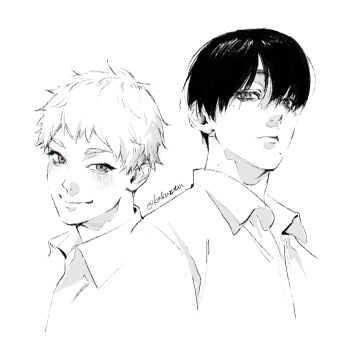 2boys absurdres blush closed_mouth collared_shirt commentary_request cropped_shoulders greyscale highres hikaru_ga_shinda_natsu indou_hikaru kakuzta looking_at_viewer male_focus mole mole_on_cheek mole_on_neck mole_under_eye mole_under_mouth monochrome multiple_boys multiple_moles shirt short_eyebrows short_hair simple_background slit_pupils smile tsujinaka_yoshiki twitter_username white_background