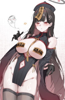 1boy 1girl absurdres alternate_costume bare_shoulders black_dress black_gloves black_hair black_halo black_hat black_thighhighs blue_archive blunt_bangs blush breast_cutout breasts china_dress chinese_clothes clothing_cutout coa_(35_seno) detached_sleeves doodle_sensei_(blue_archive) dress gloves hair_behind_ear halo hat highres huge_breasts long_hair navel navel_cutout no_panties ofuda ofuda_on_head ofuda_on_nipples parted_lips pasties pelvic_curtain red_eyes rio_(blue_archive) sensei_(blue_archive) sidelocks thighhighs wide_sleeves