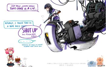 ... 10s 2girls akemi_homura akemi_homura_(magical_girl) arm_support atlas_(portal) black_forest_cake black_hair blush boots bow cake candle crossover english_text food glados gun hair_ribbon hairband high_heels holding holding_gun holding_weapon hypocrite icing kaname_madoka kyubey leaning_forward long_hair long_sleeves machinery magical_girl mahou_shoujo_madoka_magica mahou_shoujo_madoka_magica_(anime) meme multiple_girls one-eyed p-body pantyhose pink_hair plate portal portal_(series) portal_1 portal_2 ribbon school_uniform short_hair short_twintails shotgun silverxp simple_background skirt smoke speech_bubble spoken_ellipsis surprised talking the_cake_is_a_lie_(meme) twintails weapon white_background