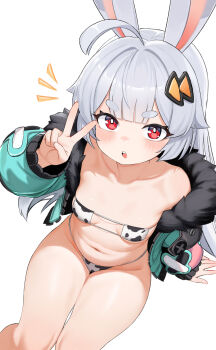 1girl :o absurdres ahoge ananta animal_ears animal_print arm_support bikini blunt_bangs blush breasts bright_pupils center-flap_bangs collarbone cow_print cow_print_bikini double-parted_bangs eyepatch_bikini from_above fur-trimmed_jacket fur_trim green_jacket grey_hair hair_ornament highres invisible_chair jacket loli long_hair long_sleeves looking_at_viewer looking_up micro_bikini navel notice_lines open_clothes open_jacket open_mouth print_bikini puffy_long_sleeves puffy_sleeves rabbit_ears rabbit_girl red_eyes shenqi_xiaohuang short_eyebrows simple_background sitting small_breasts smile solo string_bikini swimsuit taffy_(ananta) thick_eyebrows v very_long_hair white_background white_hair white_pupils