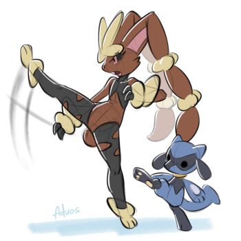 advos black_sclera colored_sclera full_body gen_4_pokemon kicking leg_lift leg_up looking_ahead lopunny mega_lopunny mega_pokemon motion_lines nintendo open_mouth pink_eyes pokemon pokemon_(creature) pokemon_focus riolu simple_background