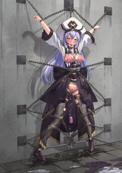 1girl absurdres against_wall anchor_(tie_down) arms_up assault_lily back_bow ball_gag bdsm black_bow black_pantyhose black_skirt blue_gemstone blush bondage bound bound_ankles bound_legs bound_torso bound_wrists bow bra breasts breasts_apart brown_shoes chain chained clothing_cutout collar collarbone commentary_request commission cuffs drooling egg_vibrator female_focus fingernails forced_orgasm frilled_skirt frilled_sleeves frills full_body gag gagged gem grey_hair hair_between_eyes hat high-low_skirt highres indoors jewelry layered_skirt loafers long_hair looking_at_viewer medium_breasts metal_collar nipple_stimulation nose_blush outstretched_arms panties pantyhose pink_bra pink_eyes pink_panties pussy_juice pussy_juice_drip_through_clothes pussy_juice_puddle pussy_juice_trail remote_control_vibrator restrained ring saliva saliva_trail sex_toy shackles shadow shirt shoes shoulder_cutout skeb_commission skirt solo spread_eagle_position spreader_bar stained_panties suspension takamatsu_shiera three-quarter_sleeves tile_floor tiles tiptoes torn_clothes torn_pantyhose torn_shirt torn_skirt underbust underwear v-shaped_eyebrows variant_set vibrator vibrator_on_nipple vibrator_under_clothes vibrator_under_panties white_hat white_shirt wide_sleeves wiffle_gag yuzu_koshou_(yuzukosyooisi)