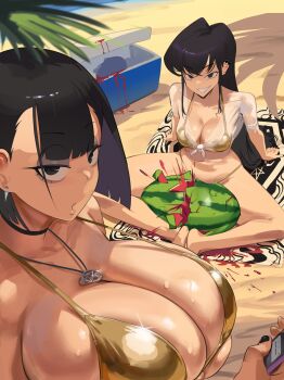 2girls absurdres bare_shoulders beach beach_towel between_thighs bikini black_choker black_eyes black_hair blunt_bangs booruguru breasts choker cleavage collarbone cooler crushed crushing crushing_food day disembodied_head ear_piercing earrings english_text eyeshadow food fruit gold_bikini goth_(booruguru) grey_eyeshadow highres hoop_earrings huge_breasts jewelry large_breasts long_hair looking_at_viewer makeup multiple_girls navel necklace_between_breasts ocean original outdoors palm_tree pentagram piercing sand satin_bikini scissorhold shiny_swimsuit short_hair sitting sky sleaze_(booruguru) smile standing stomach strong summer swimsuit thighs toned toned_female towel tree very_long_hair watermelon watermelon_between_thighs