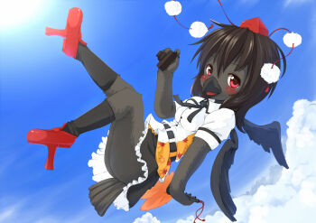 Rule 34 | 1girl, beak, bird, blush, camera, crow, feathers, female focus, furrification, furry, furry female, hand fan, kagerofu, leaf, red eyes, shameimaru aya, socks, solo, tagme, touhou, upskirt, wings