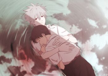 Rule 34 | 2boys, belt, black hair, closed eyes, grey hair, highres, hug, ikari shinji, lying, lying on person, male focus, multiple boys, nagisa kaworu, neon genesis evangelion, on back, pants, partially submerged, red eyes, reflection, reflective liquid, riodmsen, school uniform, shirt tucked in, short hair, yaoi
