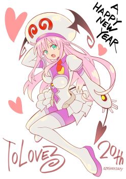 1girl bodysuit boots bow breasts cleavage demon_tail frilled_skirt frills gloves green_eyes happy_new_year hat hat_wings heart highres lala_satalin_deviluke large_breasts long_hair necktie new_year official_art open_mouth pink_hair showgirl_skirt skirt tail thigh_boots to_love-ru to_love-ru_darkness white_boots white_gloves white_hat white_skirt yabuki_kentarou