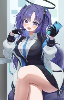 1girl black_gloves black_halo black_skirt black_suit blue_archive blue_necktie crossed_legs finger_to_mouth formal_clothes gloves hair_ornament halo highres holding holding_phone jacket long_hair looking_at_viewer mechanical_halo necktie open_clothes open_jacket panda_90321 phone purple_eyes purple_hair shirt sitting skirt smile solo suit triangle_hair_ornament two-sided_fabric two-sided_jacket two_side_up white_jacket white_shirt yuuka_(blue_archive)