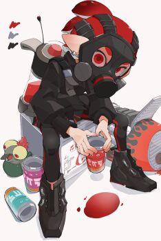 1boy black_footwear black_jacket black_leggings can color_guide commentary_request drink_can ear_piercing earrings gas_mask highres ink_tank_(splatoon) inkling inkling_boy inkling_player_character jacket jewelry leggings looking_at_viewer male_focus mask nintendo piercing pointy_ears range_blaster_(splatoon) red_eyes red_hair red_pupils shoes short_hair simple_background sitting smallfry_(splatoon) soda_can splatoon_(series) splatoon_3 tentacle_hair tyinkama white_background