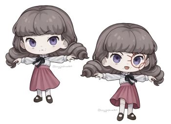 1girl artist_name black_ribbon black_shoes brown_hair chibi chibi_only closed_mouth commentary drill_hair face_piercing fear_&amp;_hunger_(series) fear_&amp;_hunger_2:_termina frilled_shirt_collar frills highres kingjoshua long_hair long_sleeves looking_at_viewer marina_(fear_&amp;_hunger) mary_janes merchandise_available mouth_piercing multiple_views neck_ribbon open_mouth outstretched_arms piercing pink_skirt purple_eyes ribbon shirt shirt_tucked_in shoes simple_background skirt smile socks spread_arms twin_drills twitter_username white_background white_shirt white_socks