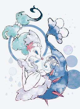 1girl bad_tag blue_eyes blue_hair bwmtk1110 colored_eyelashes fish full_body furry furry_female gem gen_7_pokemon hair_ornament helmet highres long_hair looking_at_another mermaid monster_girl multi-tied_hair nintendo open_mouth pearl_(gemstone) pearl_hair_ornament pokemon pokemon_(creature) primarina sea_lion simple_background snout solo_focus standing starfish_hair_ornament white_background wishiwashi wishiwashi_(solo)