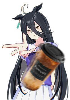 1girl ahoge animal_ears black_hair bow bowtie closed_mouth coffee cup disposable_coffee_cup disposable_cup ear_tag earrings familymart hair_between_eyes higeji_(higeji404) highres horse_ears horse_girl jewelry long_bangs long_hair long_hair_between_eyes looking_at_viewer manhattan_cafe_(umamusume) multicolored_hair outstretched_arm puffy_short_sleeves puffy_sleeves purple_bow purple_bowtie purple_shirt sailor_collar sailor_shirt school_uniform shirt short_sleeves simple_background single_earring skirt solo throwing tracen_school_uniform umamusume very_long_hair white_background white_hair white_sailor_collar white_skirt yellow_eyes