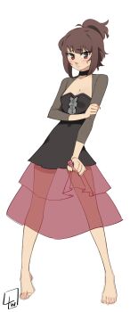 Rule 34 | 1girl, absurdres, barefoot, black choker, black dress, blush, breasts, censored, censored feet, choker, cleavage, closed mouth, collarbone, commentary, dress, english commentary, eyelashes, feet, full body, highres, kono subarashii sekai ni shukufuku wo!, l4wless, legs, looking at viewer, medium hair, megumin, nail polish, pink dress, red eyes, see-through clothes, see-through dress, sidelocks, signature, simple background, small breasts, solo, sweatdrop, toenail polish, toenails, toes, two-tone dress, white background