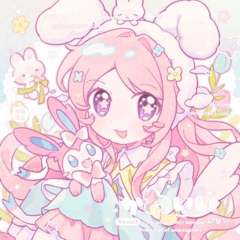 1girl :3 :d animal_hat blue_flower blue_shirt blue_tulip blush blush_stickers commentary dot_nose fanqiealxe flower frilled_sleeves frills gen_6_pokemon hair_intakes hat highres long_hair long_sleeves looking_at_viewer nintendo open_mouth original parted_bangs pink_hair pokemon pokemon_(creature) portrait purple_eyes rabbit_hat shirt single_blush_sticker sleeves_past_fingers sleeves_past_wrists smile solo sylveon symbol-only_commentary tulip watermark white_hat