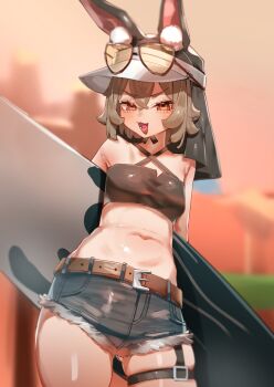 1girl animal_ear_fluff animal_ears arknights bandeau belt black_bandeau blush breasts brown_hair caper_(arknights) caper_(summer_flowers)_(arknights) commentary_request criss-cross_halter crossed_bangs denim denim_shorts eyewear_on_head gloves halterneck heart heart_in_mouth holding holding_surfboard kirigirisu1221 looking_at_viewer midriff navel official_alternate_costume open_mouth rabbit_ears red_eyes red_gloves short_hair short_shorts shorts solo surfboard thigh_strap visor_cap