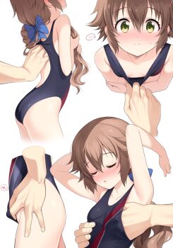 Rule 34 | 1girl, 3:, armpits, arms up, ass, backless swimsuit, black one-piece swimsuit, blue bow, blush, bow, breasts, brown hair, closed eyes, closed mouth, competition swimsuit, cowboy shot, disembodied hand, downblouse, eiyuu densetsu, embarrassed, grabbing from behind, green eyes, hair between eyes, hair bow, hakuleg, hand under clothes, hand under swimsuit, head out of frame, heart, height difference, hetero, highres, holding, holding own hair, long hair, looking at viewer, low ponytail, multiple views, one-piece swimsuit, parted lips, ponytail, sen no kiseki (series), simple background, size difference, small breasts, solo focus, spoken blush, spoken heart, standing, sweatdrop, swimsuit, towa herschel, white background
