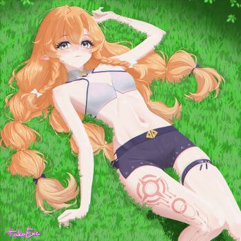 1girl arm_up bare_shoulders black_shorts body_markings bra braid braided_sidelocks breasts chromatic_aberration closed_mouth commentary english_commentary grass green_eyes grey_bra highres long_hair looking_at_viewer lying navel no_jacket no_veil on_back on_ground orange_hair pointy_ears shorts sidelocks signature sigrika_(wuthering_waves) small_breasts solo srtaka stomach thigh_strap underwear wuthering_waves