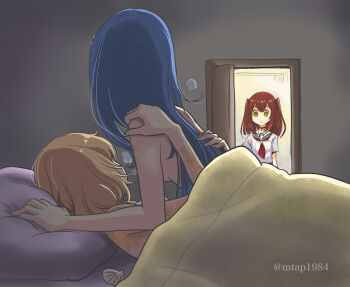 3girls blonde_hair blue_hair brown_eyes commentary_request empty_eyes girl_on_top hand_on_another's_shoulder indoors long_hair looking_at_another lying m_tap meme multiple_girls on_back on_bed on_stomach open_door oumi_shiori pillow precure_netorare_(meme) red_hair school_uniform serafuku short_hair standing watashi_wo_tabetai_hitodenashi white_serafuku yaotose_hinako yashiro_miko yuri