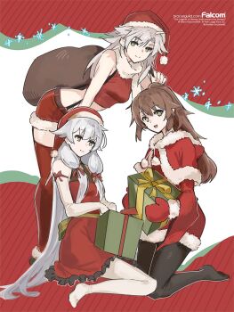 3girls ahoge altina_orion barefoot bent_over black_pantyhose breasts christmas christmas_present closed_mouth commentary eiyuu_densetsu elbow_gloves english_commentary fie_claussell fur_trim gift gloves green_eyes hair_between_eyes hat highres holding holding_gift holding_sack jonyeld kai_no_kiseki kneeling kuro_no_kiseki_(series) long_hair looking_at_viewer mittens multiple_girls open_mouth pantyhose parted_bangs ponytail red_mittens red_thighhighs sack santa_hat second-party_source shawl shorts sitting small_breasts smile suspender_shorts suspenders thighhighs towa_herschel two_side_up white_gloves white_hair