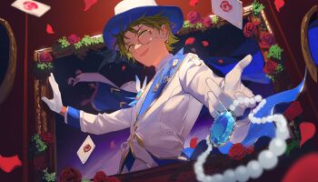 Rule 34 | 1boy, absurdres, arsene (ensemble stars!), bespectacled, blue gem, card, dreonya, earrings, ensemble stars!, falling petals, flower, gem, glasses, gloves, green eyes, green hair, hasumi keito, hat, highres, jewelry, long sleeves, looking at viewer, male focus, official alternate costume, outstretched hand, petals, playing card, red flower, red petals, red rose, rose, short hair, smile, solo, top hat, upper body, white gloves, white hat