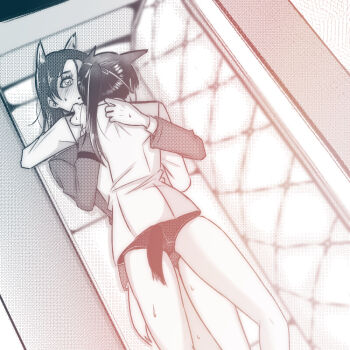 1st-kuro 2girls animal_ears ass blush closed_mouth couch dog_ears dog_girl dog_tail greyscale hug long_hair military_uniform minna-dietlinde_wilcke monochrome multiple_girls on_couch sakamoto_mio strike_witches sweat swimsuit tail wolf_ears wolf_girl wolf_tail world_witches_series yuri