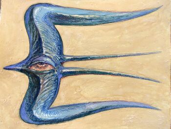 absurdres bird creature creature_focus highres multiple_tails one-eyed original painting_(medium) pebble1250 simple_background surreal tail traditional_media two_tails