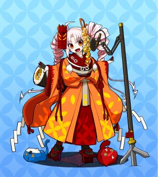 Rule 34 | 1girl, ahoge, commentary request, drill hair, fang, food, full body, geta, highres, japanese clothes, kimono, makizushi, microphone stand, open mouth, orange eyes, orange kimono, outstretched arms, peru co, pink hair, solo, spread arms, stuffed animal, stuffed toy, sushi, tsuina-chan, twin drills, voiceroid