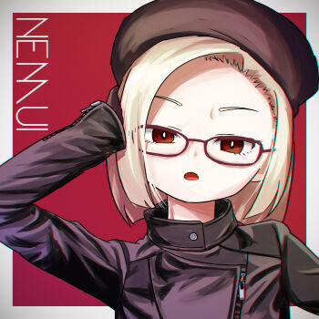 Rule 34 | 1girl, androgynous, black hat, black jacket, blonde hair, bob cut, border, bright pupils, brown eyes, character name, commentary, flat chest, glasses, hat, highres, hitnex, j-core, jacket, kobaryo, long sleeves, looking at viewer, nemui (hitnex), official art, open mouth, red-framed eyewear, red background, short hair, simple background, solo, upper body, white border, white pupils, zipper