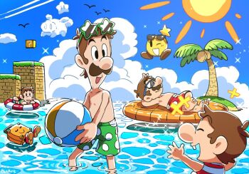 Rule 34 | 4boys, ? block, baby luigi, baby mario, ball, beachball, blue sky, brown hair, closed eyes, cloud, day, eyewear on head, facial hair, green-framed eyewear, green shorts, luigi, mario, mario &amp; luigi: bowser's inside story, mario &amp; luigi: partners in time, mario &amp; luigi rpg, mario (boxer shorts), mario (series), multiple boys, mustache, nintendo, open mouth, outdoors, palm tree, polka dot, polka dot shorts, red shorts, short hair, shorts, sky, star-shaped eyewear, star (symbol), starlow, stuffwell, sunglasses, tree, water, yamari (ya mari 6363)