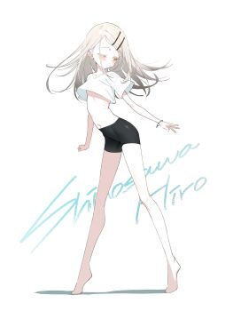 1girl absurdres barefoot bike_shorts black_shorts blush breasts character_name commentary_request crop_top crop_top_overhang full_body gakuen_idolmaster gradient_hair grey_hair hair_ornament hairclip highres honi_(honi1010) idolmaster korean_commentary long_hair long_legs multicolored_hair navel one_eye_closed orange_eyes pale_skin ribs shinosawa_hiro shirt short_shorts shorts simple_background skinny small_breasts solo stomach sweat tiptoes underboob white_background white_shirt