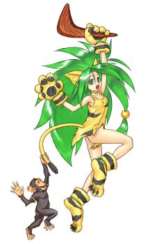 1girl animal_ears animal_hands animal_print arms_up big_hair boomerang cat_ears cham_cham choker claws full_body gloves green_eyes green_hair hair_ornament highres holding holding_weapon long_hair monkey no_panties non-web_source official_art open_mouth paku_paku paw_gloves paw_shoes shirt simple_background snk sphere_hair_ornament tail tail_grab tiger_ears tiger_girl tiger_paws tiger_stripes tiger_tail torn_clothes torn_shirt weapon white_background yellow_choker