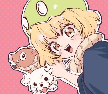 1girl :d animal blonde_hair blush brown_eyes dog dr._stone food fruit hat looking_at_viewer ninomae_gin open_mouth outline pig pink_background polka_dot polka_dot_background scarf short_hair smile solo suika_(dr.stone) tongue watermelon white_outline