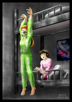 1boy 1girl arms_up barefoot bdsm bed bondage bound bunk_bed cuffs dated gag gin_nasu handcuffed handcuffs indoors pajamas tagme