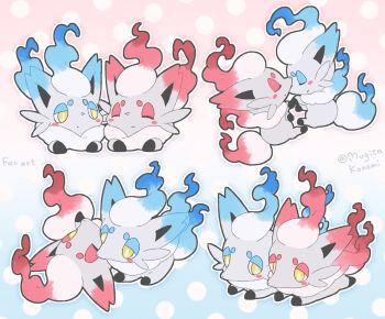 alternate_color blush_stickers bright_pupils closed_eyes closed_mouth commentary_request grey_fur happy highres hisuian_zorua lying mugita_konomi nintendo no_humans on_stomach one_eye_closed pokemon pokemon_(creature) pokemon_focus polka_dot polka_dot_background shiny_and_normal shiny_pokemon smile white_pupils yellow_eyes