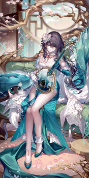 1girl absurdres ankle_garter aqua_dress aqua_eyes aqua_gloves aqua_hair aqua_shoes artist_name asymmetrical_gloves bare_legs bare_shoulders bead_bracelet beads black_hair bow bracelet breasts brooch chinese_commentary cleavage commentary_request dna dress flower gloves hair_flower hair_ornament high_heels highres holding holding_instrument honkai:_star_rail honkai_(series) instrument jewelry mismatched_gloves multicolored_hair off-shoulder_dress off_shoulder official_alternate_costume parted_lips petals pink_bow ring ruan ruan_mei_(honkai:_star_rail) ruan_mei_(plumblossom_letter)_(honkai:_star_rail) sheya shoes short_sleeves signature sitting solo streaked_hair thighs two-tone_dress white_dress white_gloves