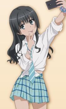 1girl :p black_hair blue_eyes blue_necktie blue_skirt bracelet brown_background commentary_request don_quijote_(store) earrings floating_earrings gyaru heart heart_earrings jewelry latte_(latte_daruta2) long_hair long_sleeves looking_at_viewer midriff_peek necktie official_alternate_costume plaid_clothes plaid_skirt saten_ruiko selfie shirt simple_background skirt smile solo striped_clothes striped_necktie tied_shirt toaru_kagaku_no_railgun toaru_majutsu_no_index tongue tongue_out v white_shirt