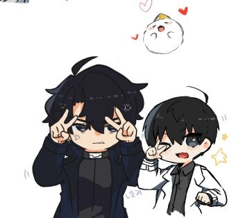 2boys ;d anger_vein biyoo_(omniscient_reader&#039;s_viewpoint) black_coat black_eyes black_hair black_shirt clenched_teeth coat collared_shirt commentary_request double-parted_bangs double_v grin hair_between_eyes kim_dokja kimidori_22 male_focus multiple_boys omniscient_reader&#039;s_viewpoint one_eye_closed open_clothes open_coat open_mouth popped_collar shirt short_hair smile teeth upper_body v white_coat yoo_joonghyuk
