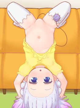 1girl 2025 blue_eyes blush bottomless censored clothes_lift couch dragon_girl dragon_horns dress dress_lift female_focus handstand highres horns kanna_kamui kobayashi-san_chi_no_maidragon legs loli long_hair navel no_panties pointless_censoring purple_hair smoog solo stomach tail thighhighs thighs yellow_dress
