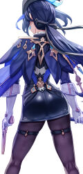 Rule 34 | 1girl, ass, back, blue hair, clorinde (genshin impact), dark blue hair, genshin impact, gloves, gun, hat, highres, long hair, long sleeves, low ponytail, pantyhose, solo, sword, thighs, tricorne, uenoryoma, weapon, white gloves