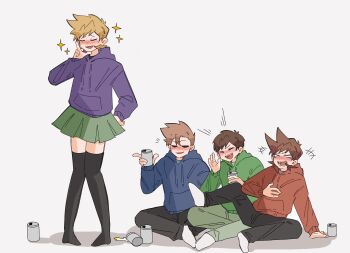 +++ 4boys alcohol animification antenna_hair beer_can black_thighhighs blue_hoodie blush brown_hair can commentary commentary_request crossdressing crossdressing_(mtf) drawstring drink_can drunk edd_(eddsworld) eddsworld english_commentary flipped_hair green_hoodie green_skirt hair_behind_ear hair_ears highres holding hollow_eyes hood hood_down hoodie l_hand laughing long_sleeves male_focus matt_(eddsworld) multiple_boys open_mouth orange_hair pants pleated_skirt purple_hoodie red_hoodie short_hair simple_background sitting skirt smile sparkle spiked_hair standing takanashi_(ta_ro_130) tearing_up thighhighs tom_(eddsworld) tord_(eddsworld) white_background
