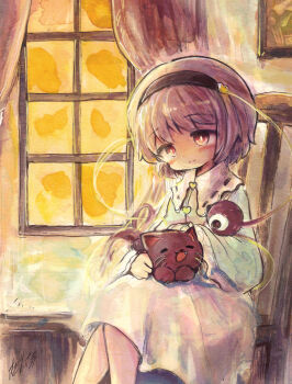 1girl animal animal_on_lap black_hairband blue_shirt cat chair closed_mouth collared_shirt curtains frilled_shirt_collar frills hair_ornament hairband heart heart_hair_ornament highres kaenbyou_rin kaenbyou_rin_(cat) komeiji_satori kouba on_lap petting pink_hair red_eyes ribbon-trimmed_collar ribbon_trim shirt short_hair sitting smile solo third_eye touhou window