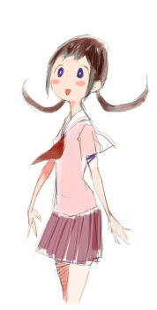 Rule 34 | 1girl, archived source, blue eyes, blush stickers, bright pupils, brown hair, collared shirt, cowboy shot, cropped legs, medium hair, miniskirt, neckerchief, no sclera, open mouth, opon, original, pink shirt, pink sleeves, pleated skirt, red neckerchief, red skirt, sailor collar, school uniform, serafuku, shirt, short sleeves, simple background, skirt, solo, triangle mouth, twintails, white background, white pupils, white sailor collar